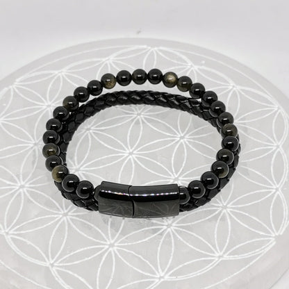 Bracelet, collection n°4, double-rang perles 8 mm, cuir + fermoir magnétique, 20,5 cm, perles AA-AAA !