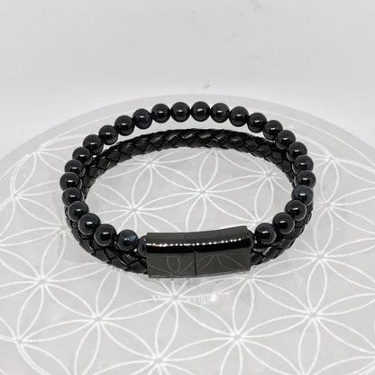 Bracelet, collection n°4, double-rang perles 8 mm, cuir + fermoir magnétique, 20,5 cm, perles AA-AAA !
