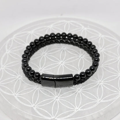 Bracelet, collection n°4, double-rang perles 8 mm, cuir + fermoir magnétique, 20,5 cm, perles AA-AAA !