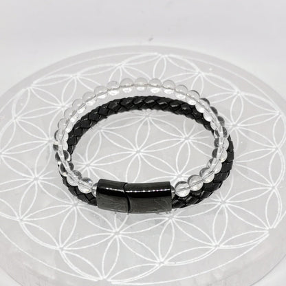 Bracelet, collection n°4, double-rang perles 8 mm, cuir + fermoir magnétique, 20,5 cm, perles AA-AAA !