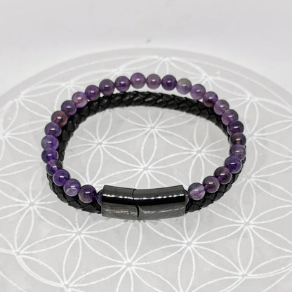 Bracelet, collection n°4, double-rang perles 8 mm, cuir + fermoir magnétique, 20,5 cm, perles AA-AAA !