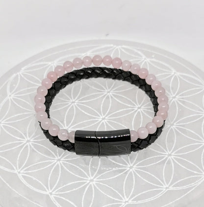 Bracelet, collection n°4, double-rang perles 8 mm, cuir + fermoir magnétique, 20,5 cm, perles AA-AAA !