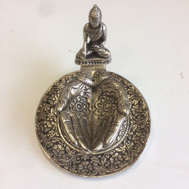 Porte-encens pour brûler des bâtons d'encens minces de 9x4 cm - 75 gr. - Avec un Bouddha et deux mains offrant qui recueillent les cendres. Sculptures détaillées !