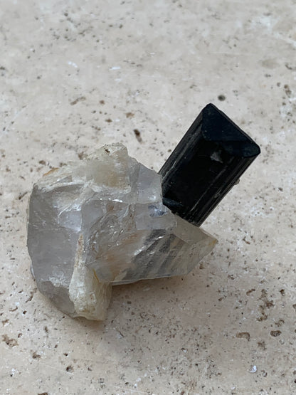 Tourmaline verte/ Verdélite sur cristal de quartz, spécimen naturel de 46 x 35 x 33 mm - 27,7 grammes environ. 1 magnifique cristal traversé par une pointe de tourmaline à terminaison verte !