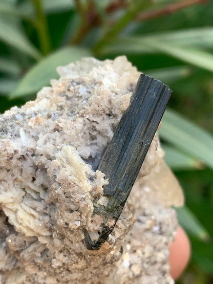 Tourmaline verte/ Verdélite sur cristal de quartz, spécimen naturel de 80 x 62 x 60 mm - 267 grammes environ. D’innombrables cristaux sur macle !