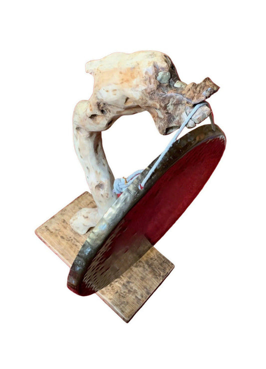 Support en bois flotté en forme de dragon - 74 x 41 x 24 cm pour gong, tambour ou autre - Création Zen Curiosity
