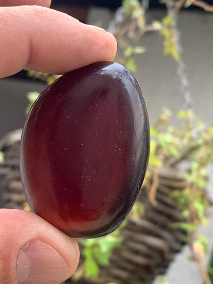 Ambre bleu, galet poli couleur 'cerise/ ambre cognac', 48 X 35 X 22 mm - 20,4 grammes. Très belle qualité 'Gemme', en transparence vous verrez des reflets rouges ambrés incroyables !