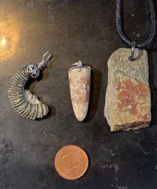 Collection 'Géologique', pendentifs à l'unité monté par Zen Curiosity - Ammonite pyrite, Pointe de Calcite, Ardoise