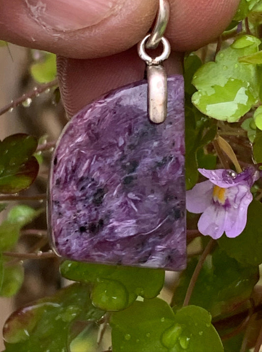 Charoïte, magnifique pendentif en Argent 925 de 35mm de hauteur x 18 de largeur x 7 d'épaisseur. Vendu avec cordon réglable de couleur noire !