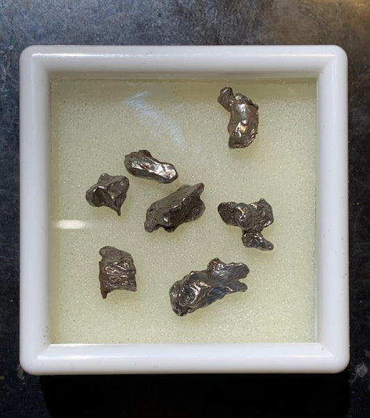 Météorites 'Campo del Cielo' (Argentine) – Lot de 7 spècimens naturels de 5 x 2 x 2 mm à 10 x 4 x 3