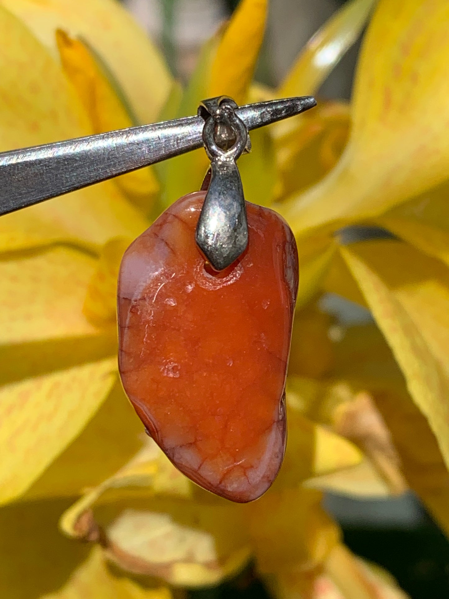 Cornaline, pendentif fait par Gem & Zen, de 35mm de hauteur x 14 de largeur x 10 d'épaisseur. Vendu avec cordon réglable de couleur noire !