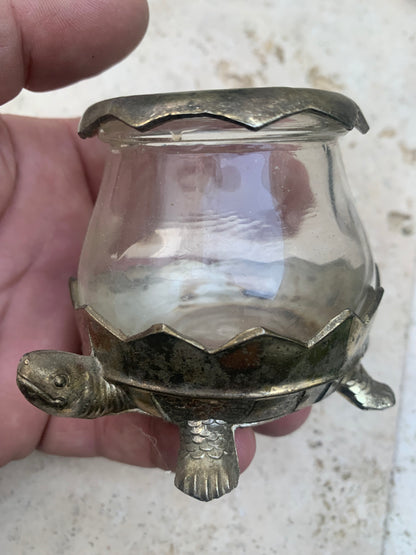 Bougeoir/ Photophore ancien du Japon en forme de tortue - En verre et métal - 92x69x62 cm - 297 gr. !