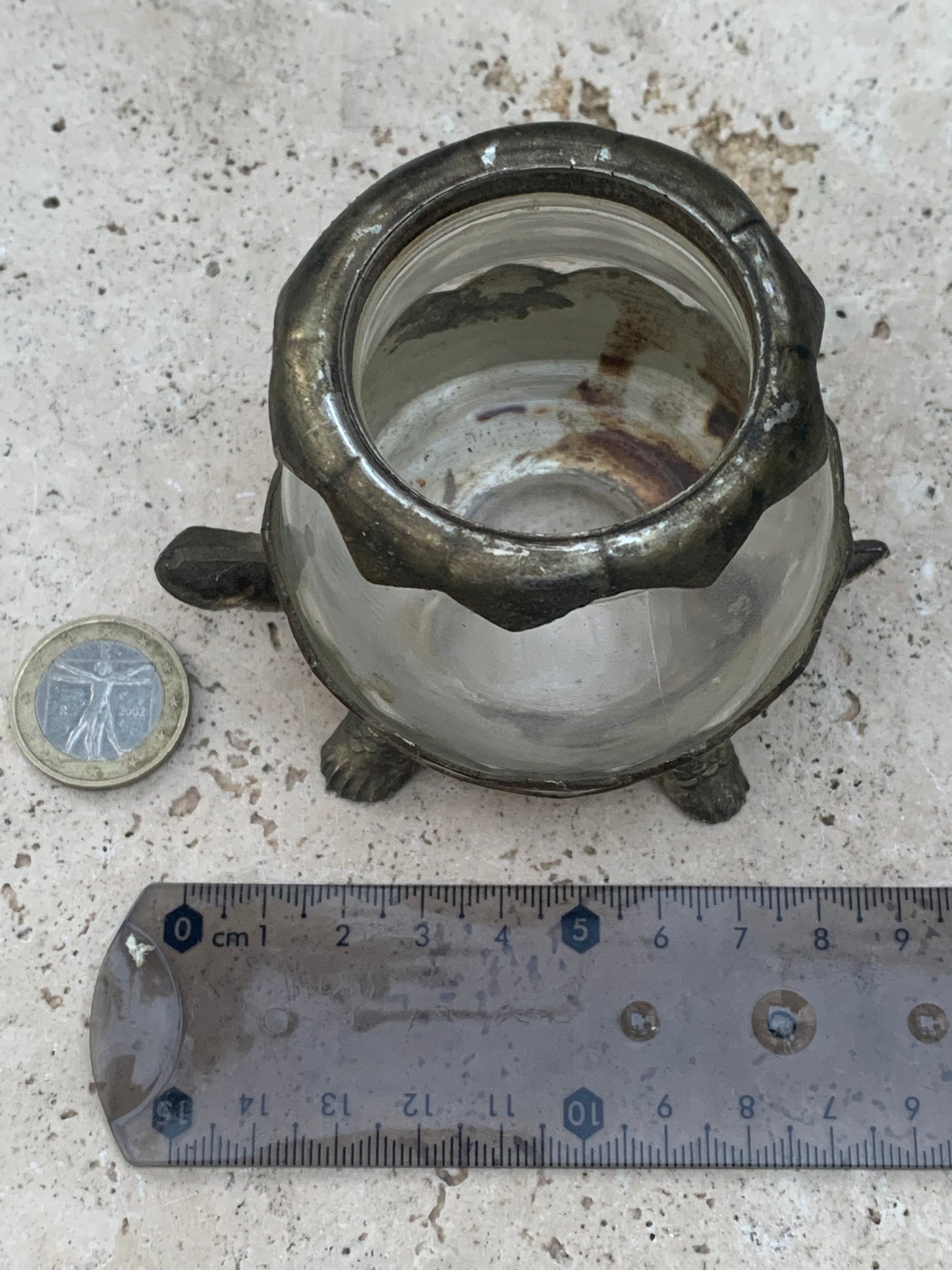 Bougeoir/ Photophore ancien du Japon en forme de tortue - En verre et métal - 92x69x62 cm - 297 gr. !