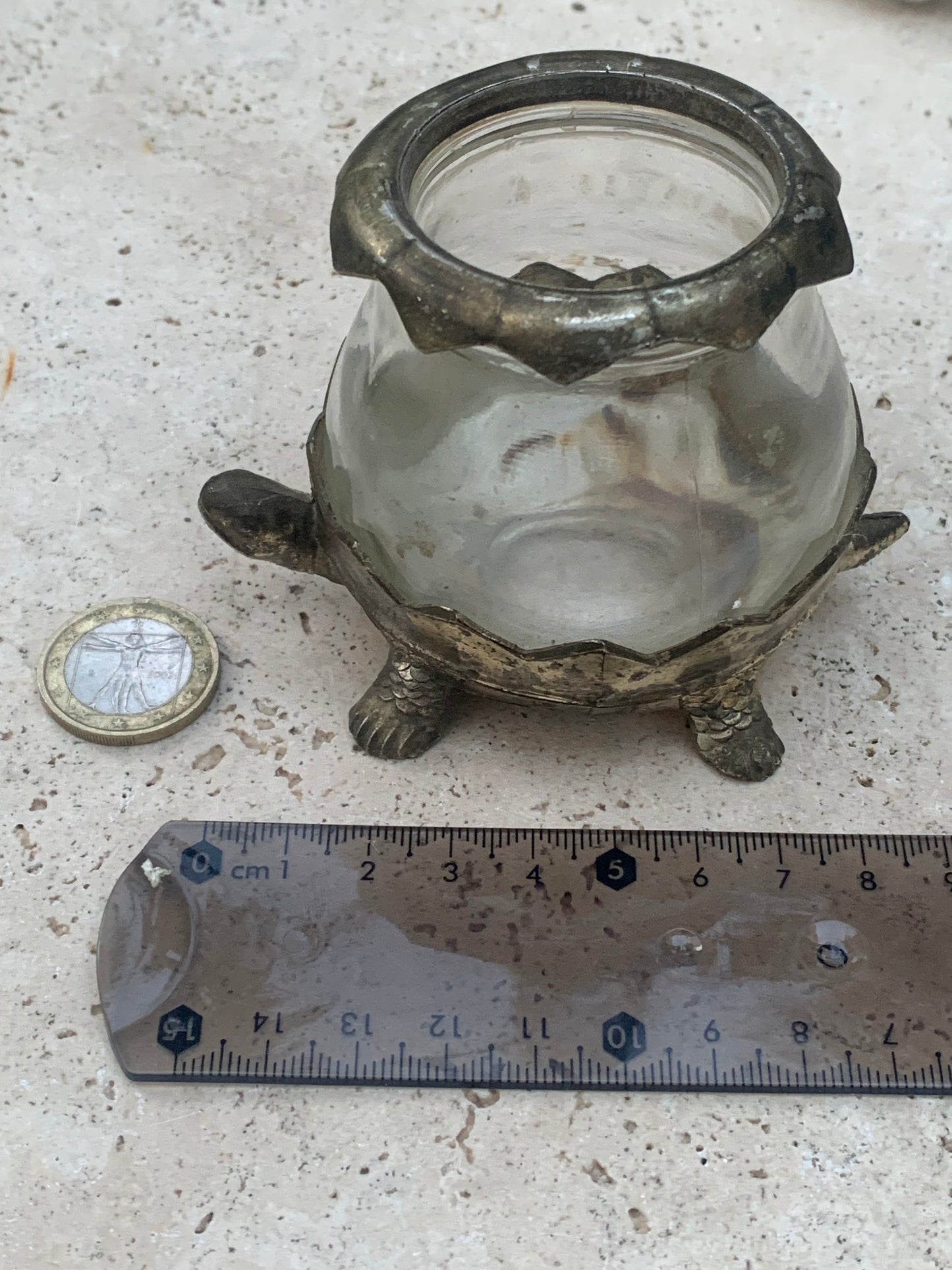 Bougeoir/ Photophore ancien du Japon en forme de tortue - En verre et métal - 92x69x62 cm - 297 gr. !