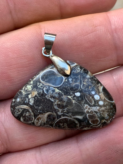 Agate turitelle/ fossile, pendentif de 36mm de hauteur x 36 de largeur x 11 d'épaisseur. Vendu avec cordon réglable de couleur noire !
