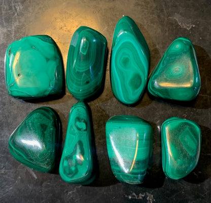 Malachite – Pierres roulées naturelles (env. 20 × 15 × 9 mm) – 6,5 g en moyenne par pierre – vente à l’unité ou lot complet de 52,4 g.