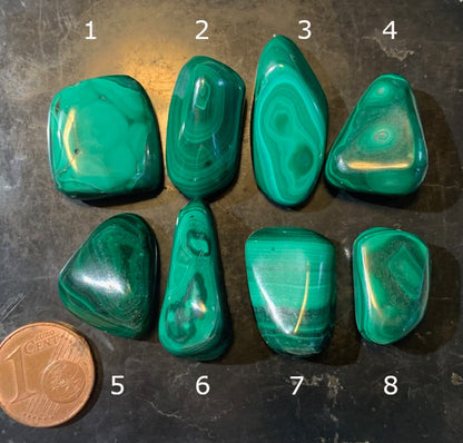 Malachite – Pierres roulées naturelles (env. 20 × 15 × 9 mm) – 6,5 g en moyenne par pierre – vente à l’unité ou lot complet de 52,4 g.