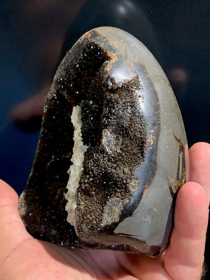 Septaria, forme libre à poser, 1285 grammes - 121 x 102 x 88 millimètres. Superbe qualité, une forme libre ouverte pleine de velours minéral