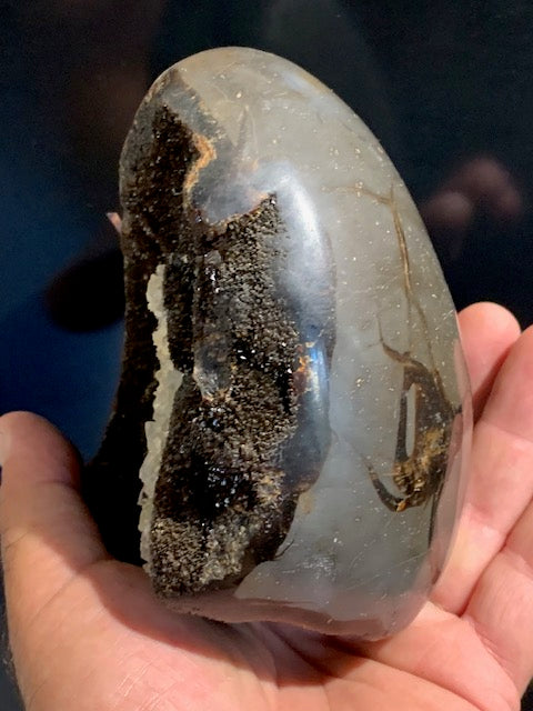 Septaria, forme libre à poser, 1285 grammes - 121 x 102 x 88 millimètres. Superbe qualité, une forme libre ouverte pleine de velours minéral