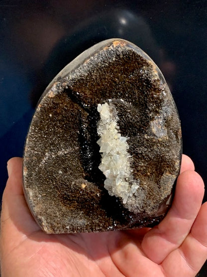 Septaria, forme libre à poser, 1285 grammes - 121 x 102 x 88 millimètres. Superbe qualité, une forme libre ouverte pleine de velours minéral