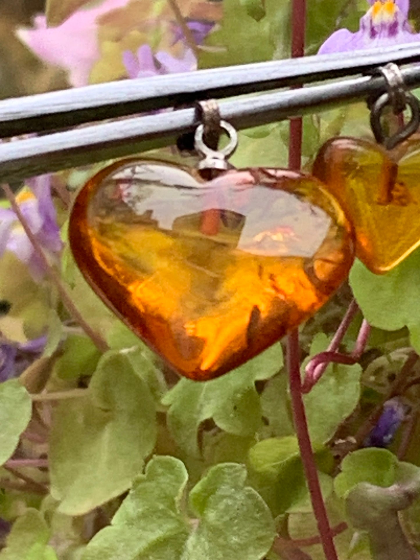 Ambre, pendentif en forme de 'coeur', 2 tailles au choix de 16x18x6 ou 10x10x5 millimètres, vendu avec cordon coulissant (réglable), en cuir noir de 40 à 70 centimètres !