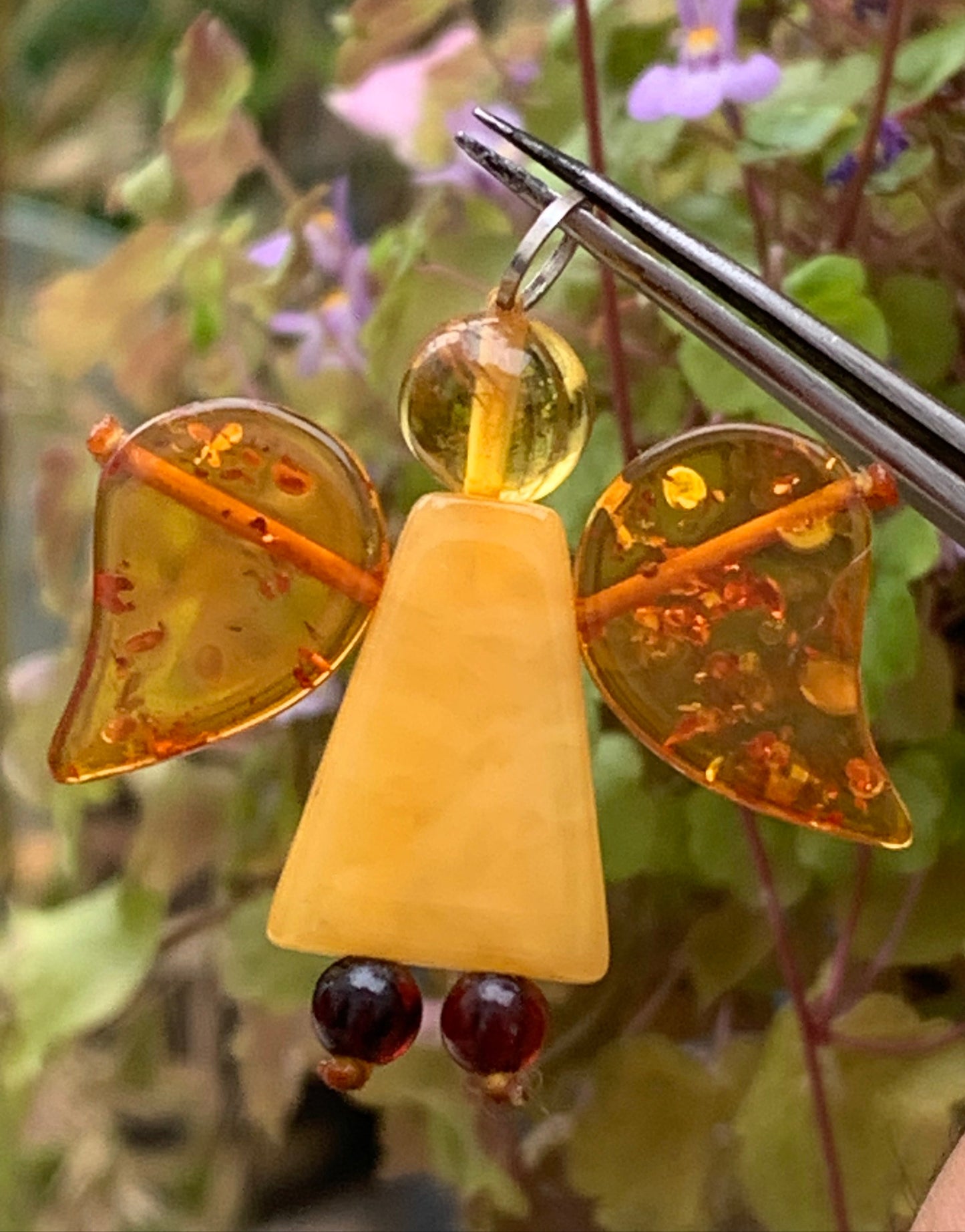 Ambre, pendentif en forme d'ange de taille de 38x35x8 millimètres, vendu avec cordon coulissant (réglable), en cuir noir de 40 à 70 centimètres !