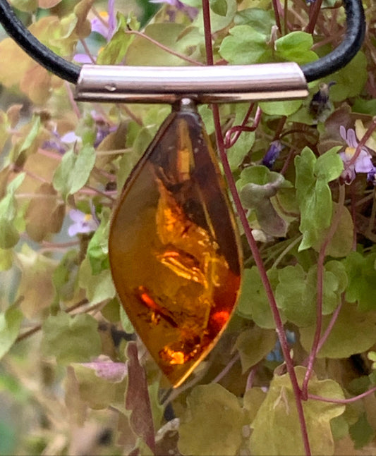 Ambre, pendentif en Argent, de 35x15x10 millimètres, vendu avec cordon en cuir noir de 42 centimètres !