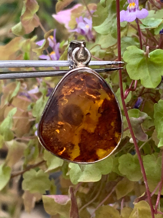 Ambre, superbe pendentif en Argent de 35x22x8 mm. Vendu avec cordon coulissant (réglable), en cuir noir de 40 à 70 cm !
