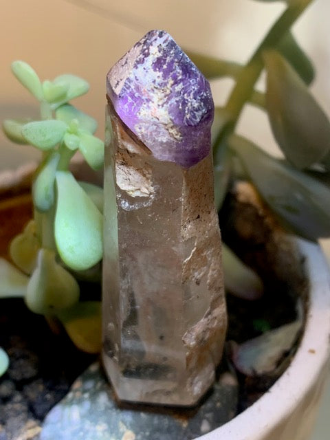 Cristal de roche avec inclusion d’améthyste – Pointe laser naturelle ±60 x 20 x 17 mm – 26,6 g