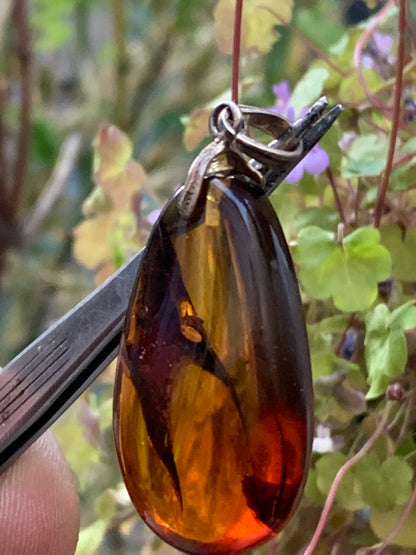 Ambre, pendentif en Argent, galet naturel poli de 50x22x15 millimètres, vendu avec cordon coulissant (réglable), en cuir noir de 40 à 70 centimètres !