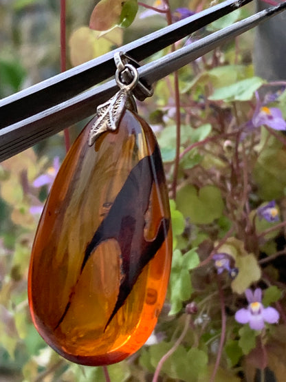 Ambre, pendentif en Argent, galet naturel poli de 50x22x15 millimètres, vendu avec cordon coulissant (réglable), en cuir noir de 40 à 70 centimètres !