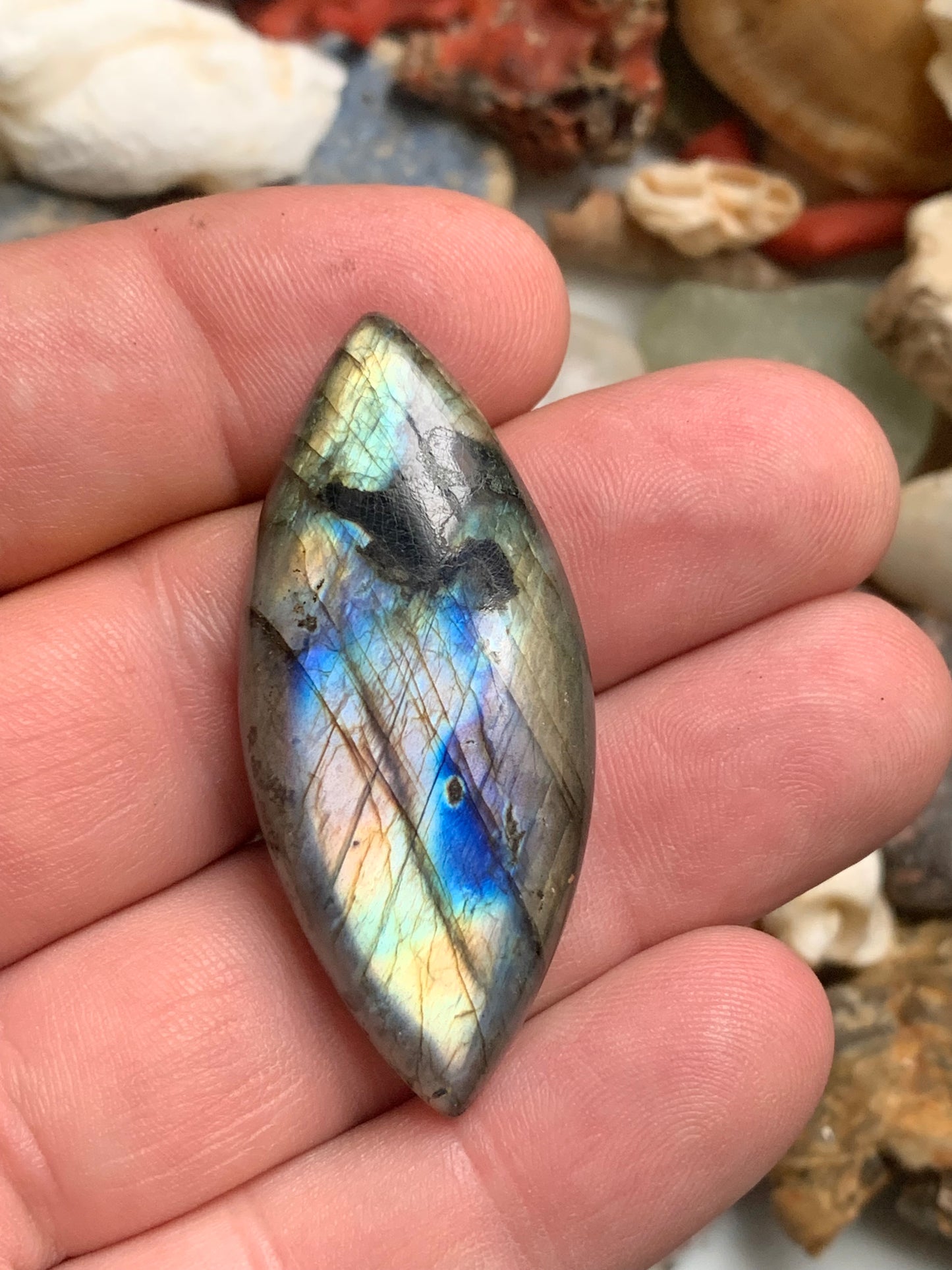 Labradorite, cabochon en forme de 'marquise' - ± 51 x 23 x 8 mm - 13,2 gr. - Qualité AA à AAA !