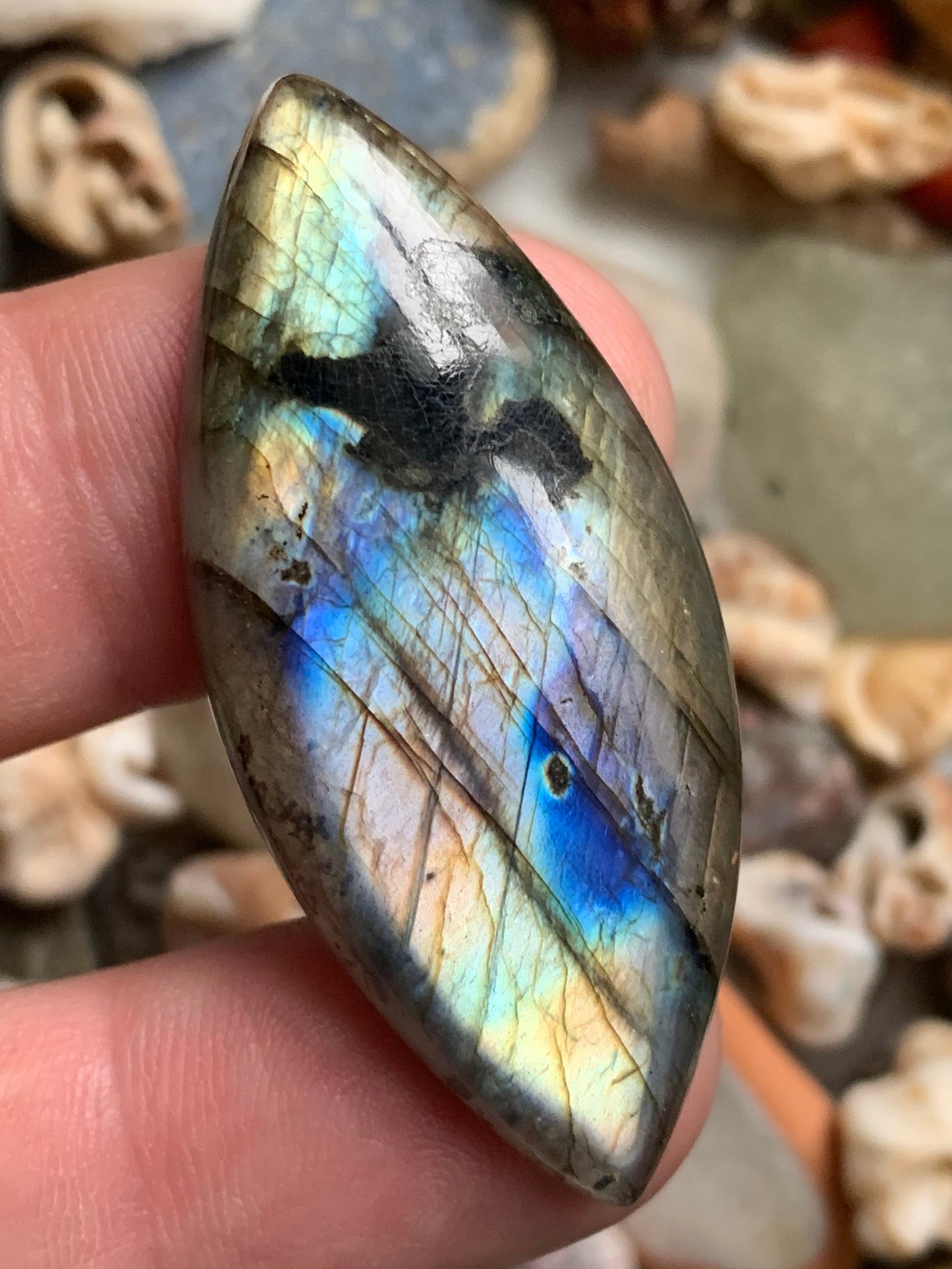 Labradorite, cabochon en forme de 'marquise' - ± 51 x 23 x 8 mm - 13,2 gr. - Qualité AA à AAA !
