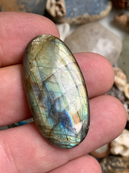 Labradorite, cabochon de forme 'ovale' - ± 42 x 22 x 6 mm - 9,6 gr. - Qualité AA à AAA !