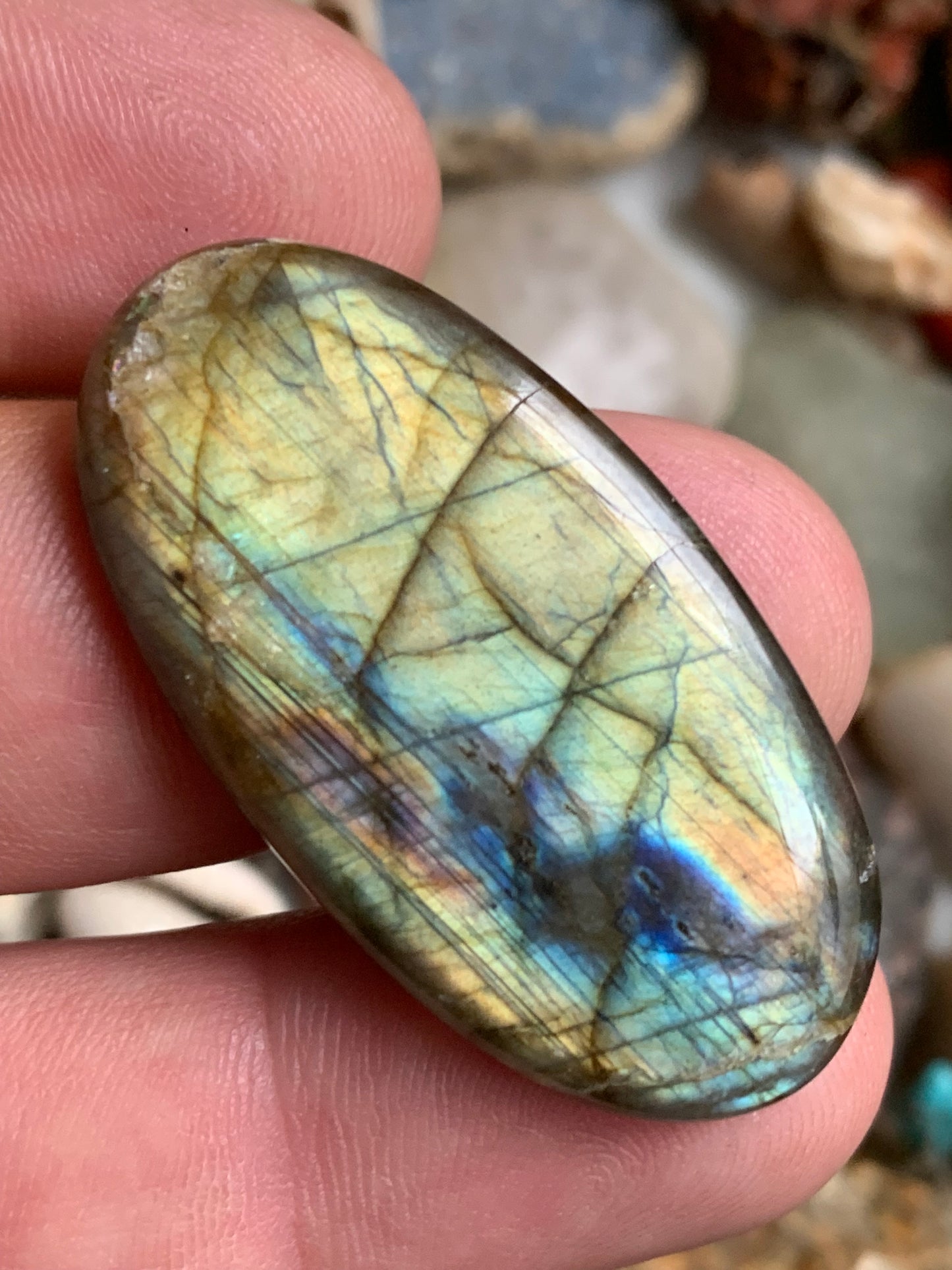 Labradorite, cabochon de forme 'ovale' - ± 42 x 22 x 6 mm - 9,6 gr. - Qualité AA à AAA !