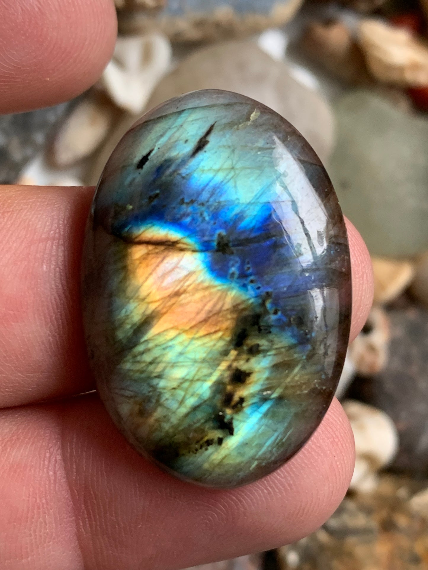 Labradorite, cabochon de forme 'ovale' - ± 36 x 25 x 7 mm - 9,7 gr. - Qualité AA à AAA !