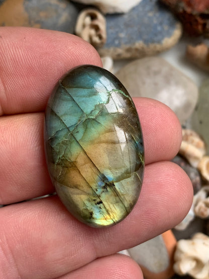 Labradorite, cabochon de forme 'ovale' - ± 38 x 23 x 7 mm - 10,8 gr. - Qualité AA à AAA !