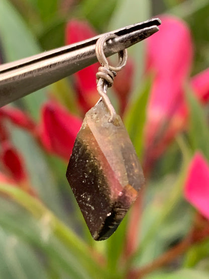Tourmaline melon d'eau/ pastèque ! Pendentif en Argent fait par G&Z, 25 mm de hauteur x 10 de largeur x . Vendu avec cordon réglable de couleur noire !