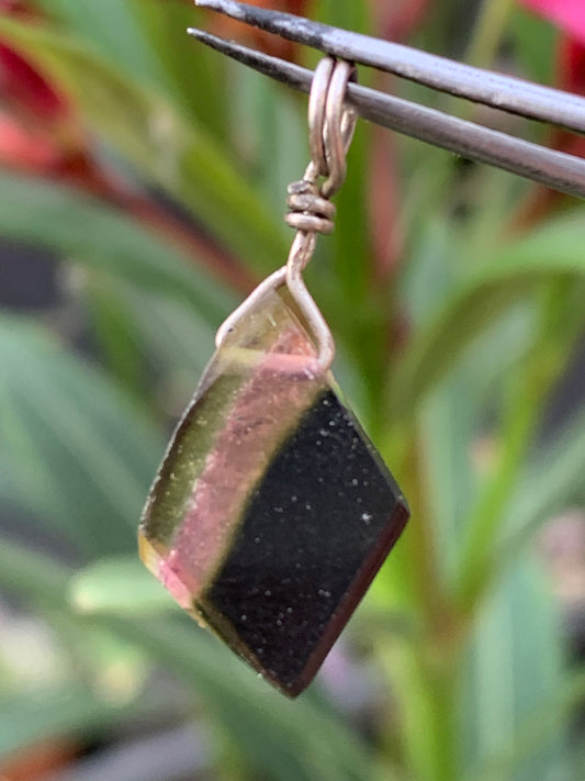 Tourmaline melon d'eau/ pastèque ! Pendentif en Argent fait par G&Z, 25 mm de hauteur x 10 de largeur x . Vendu avec cordon réglable de couleur noire !