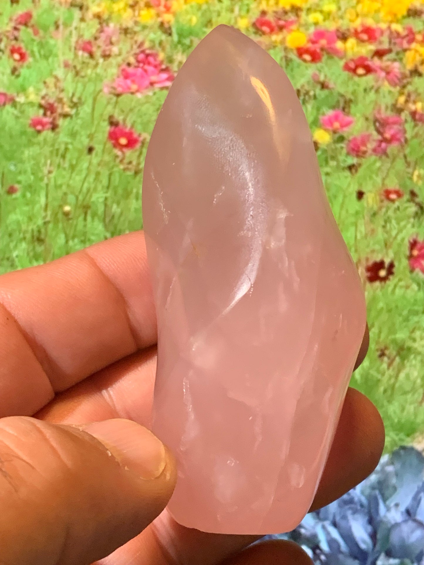 Quartz rose, Forme libre 'flammée' - 83 mm x 36 Ø - 137,5 gr. superbe pièce !