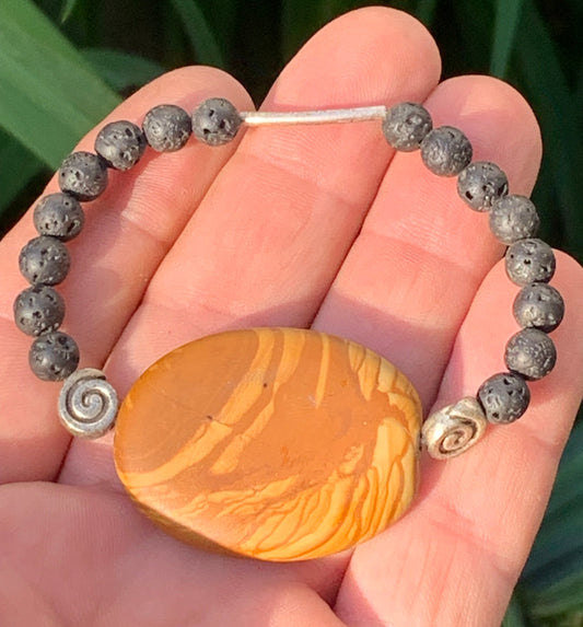 Jaspe paysage avec perle de lave, bracelet en élastique haute-résistance de 17 à 19 cm - Fait par Zen Curiosity