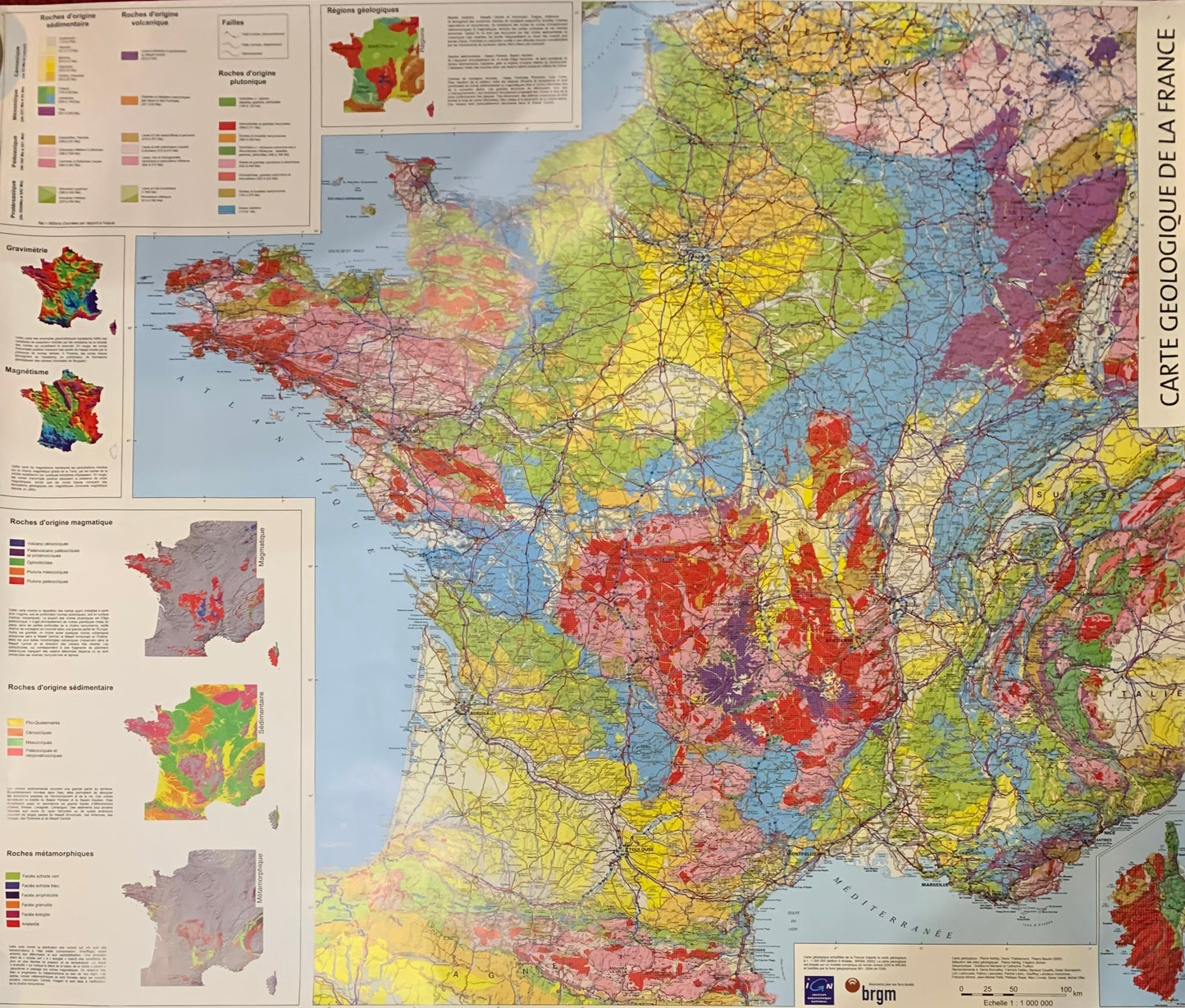 Carte géologique de la France par le BRGM - 1 : 1 000 000 éme avec guide d'explication - 1 x 1,50 m