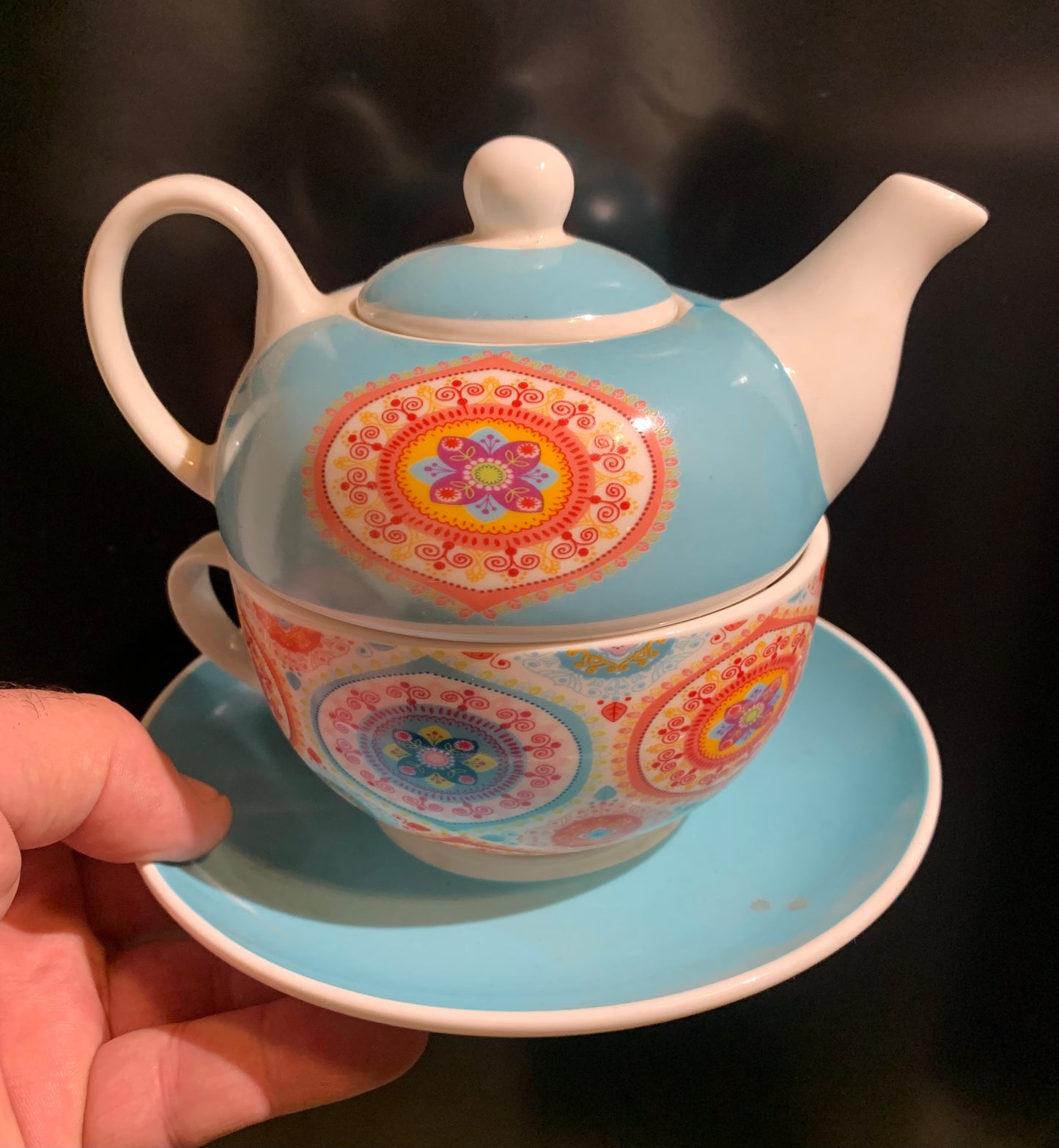 🫖 Two-in-one cup and teapot with saucer, a beautiful set decorated with a mandala. Made of Kaolin porcelain, 400 ml / cup: 320 ml