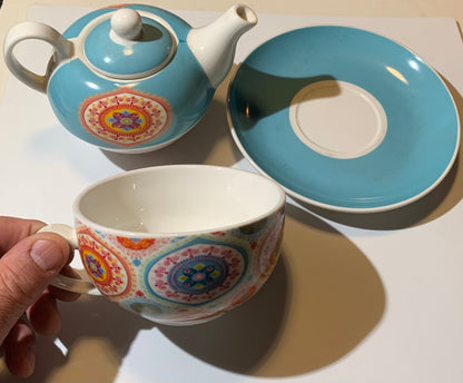 🫖 Two-in-one cup and teapot with saucer, a beautiful set decorated with a mandala. Made of Kaolin porcelain, 400 ml / cup: 320 ml