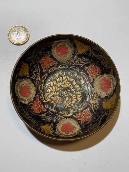 Coupelle de bijoutier avec gravure d'un paon et de motifs floraux peints à la main, fait en laiton – 10 cm × 3 cm – 84 grammes