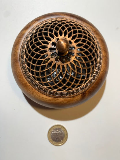 Brûleur d'aromathérapie, porte-encens en bois avec couvercle en métal rétro – Idéal pour cônes, grains, herbes – 10,2 x 7,5 cm - 0,133 Kg