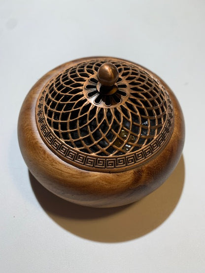 Brûleur d'aromathérapie, porte-encens en bois avec couvercle en métal rétro – Idéal pour cônes, grains, herbes – 10,2 x 7,5 cm - 0,133 Kg