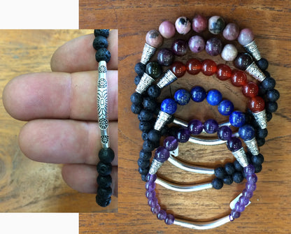 Bracelet Collection 'Ethnique', perles de lave 8 mm + 7 semi-précieuses, longueur 17-21 cm, fait main par Zen C° !