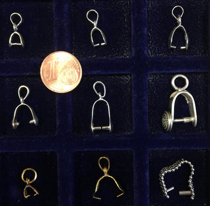 Selection of bails for drilled stones (cabochons, pearls, etc.). From 5 to 15 millimeters... Very good quality, perfect for fitting your favorite stones! Silver, gold, or silver-plated finish!