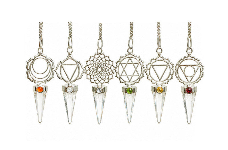 Pendules de Radiésthésie en métal et pierre (Calcite Optique) – Collection 7 Chakras